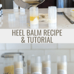 Pouring heel balm into tubes and tubes of heel balm with a sprig of lavender.