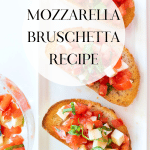 overhead shot of mozzarella bruschetta on a white countertop.