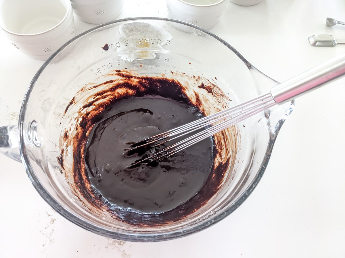 smooth brownie brittle batter in a clear bowl.