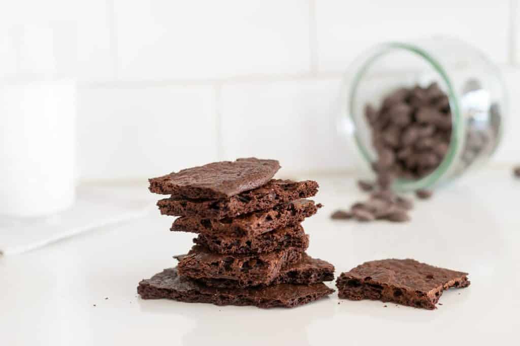 A stack of brownie crisps baked with this brownie brittle recipe.