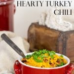 Crockpot turkey chili in a red bowl.