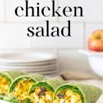 Curried Chicken Salad in Spinach Wraps on white counter.