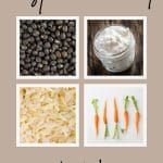 Images of dried beans, rice, cottage cheese and carrots; showing the most economical groceries to buy on a budget.