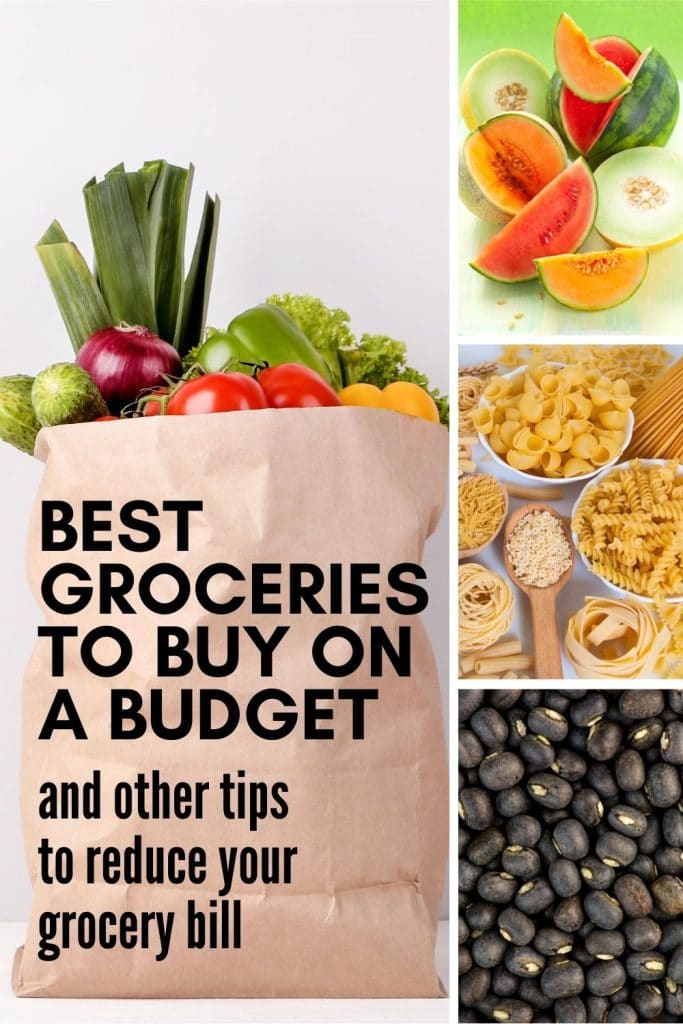 A bag of groceries and dried beans, pasta and melons showing the most economical groceries to buy on a budget.