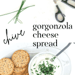 Overhead Shot of Chive Gorgonzola Cheese Spread with chives and scissors.