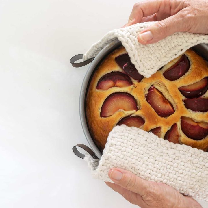 Plum cake held with two potholders.