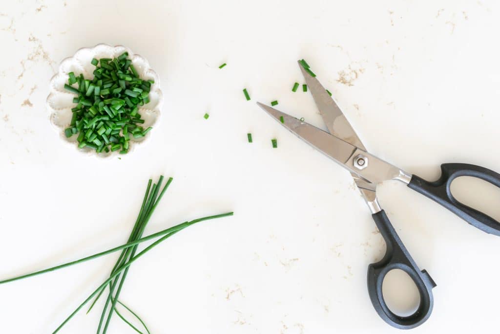 Snipped Chives in a small bowl with a pair of scissors.