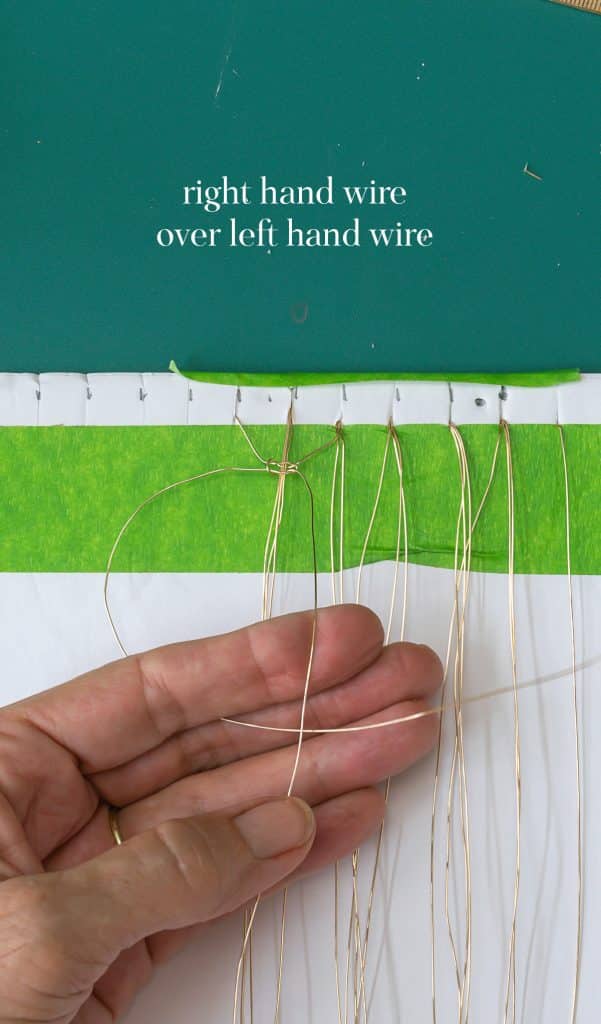 Right hand wire over left hand wire.