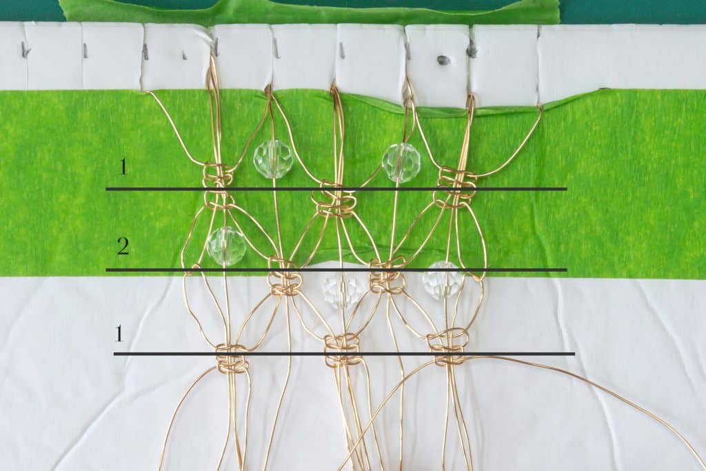 Showing the different \'rows\' needed to make this DIY Macrame Wire Votive Holder.