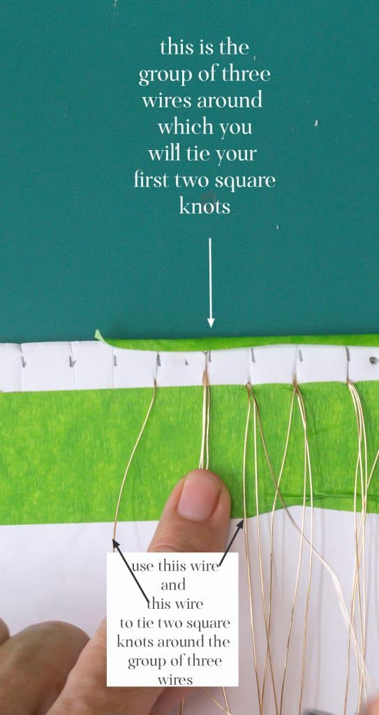 This is the group of three wires around which you will tie your first two square knots.