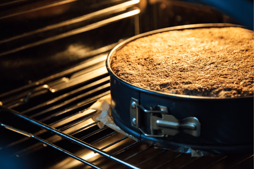 A cake coming out of the oven.