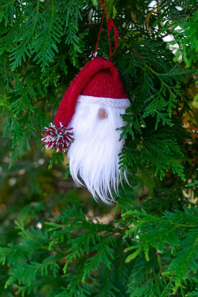 Knit Gnome Ornament with red hat.