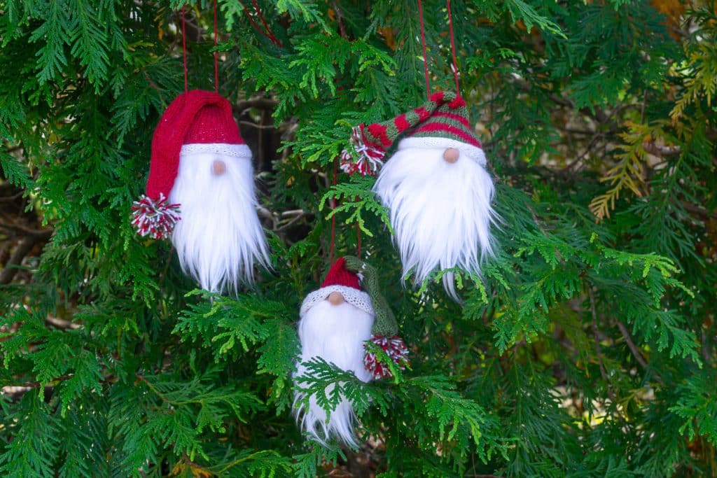 Three knit gnomes in a evergreen tree.