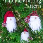 Three knitted gnomes in a tree.