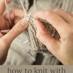 Knitting a mitten cuff with double pointed needles.