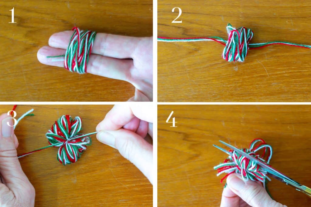 Collage showing how to make pom pom for hat.