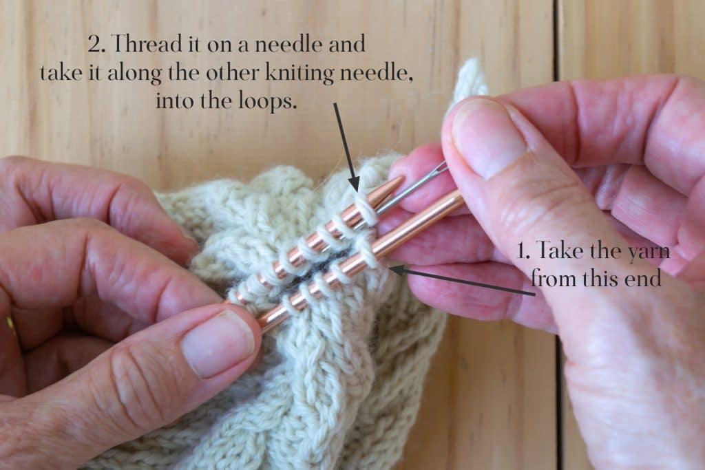 Hand holding knitting needles and tapestry needle.