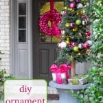 FRont porch with pink and green ornament garland.