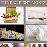 Image of Meal Delivery box, rechargeable batteries, cloth napkins, dryer balls, coffee maker, and popcorn and movie night as examples of gift ideas that save the recipient money.