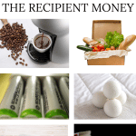 Image of Meal Delivery box, rechargeable batteries, cloth napkins, dryer balls, coffee maker, and popcorn and movie night as examples of gift ideas that save the recipient money.