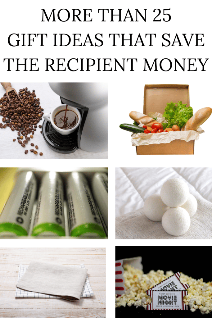 Image of Meal Delivery box, rechargeable batteries, cloth napkins, dryer balls, coffee maker, and popcorn and movie night as examples of gift ideas that save the recipient money.