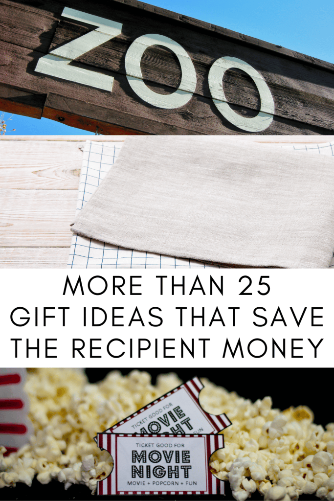 Image of Zoo sign, cloth napkins and popcorn and movie night as examples of gift ideas that save the recipient money.