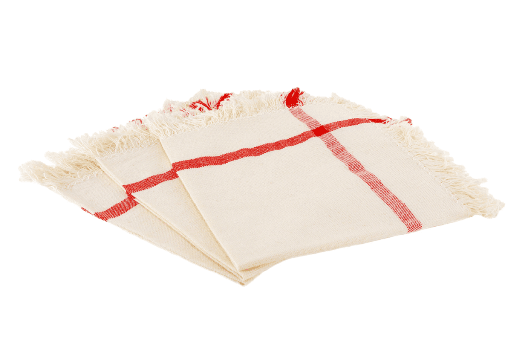 Cloth napkins, beige with red stripes.