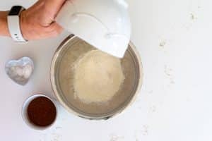 Dry ingredients with cocoa, baking powder and salt.