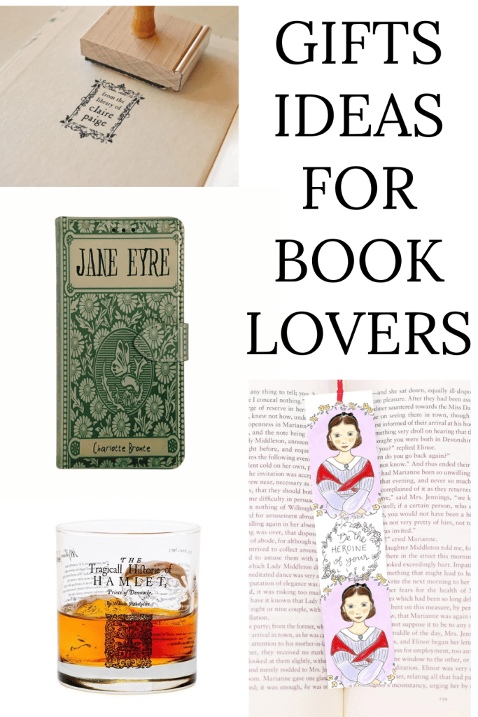 Mobile phone case, book stamp, book mark and whiskey class with book print are gift ideas for book lovers.