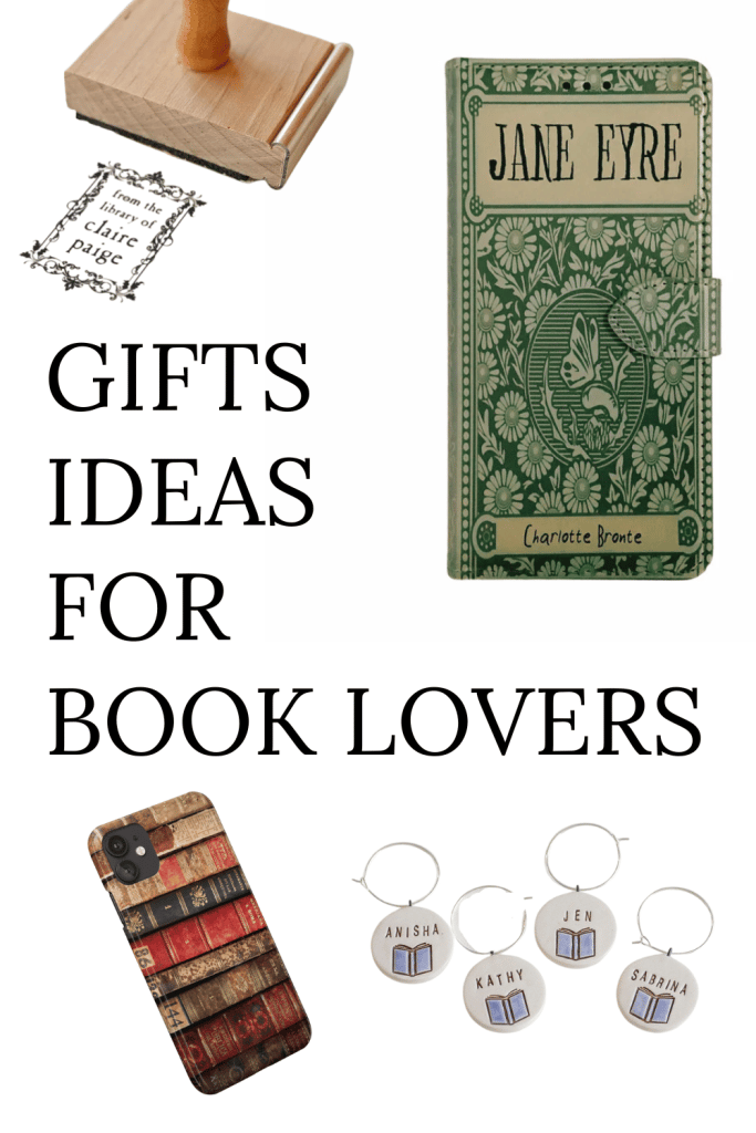 Mobile phone case, book stamp and book wine tags are gift ideas for book lovers.