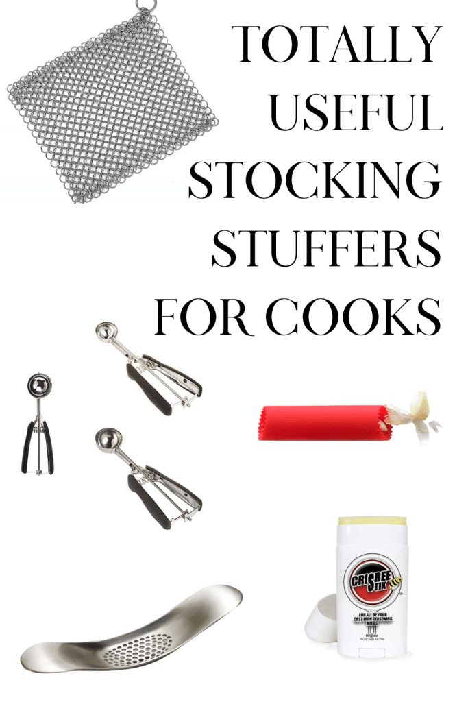 Cast Iron scrub and seasoning, garlic peeler, cookie scoops and garlic rocker are great gifts for cooks.