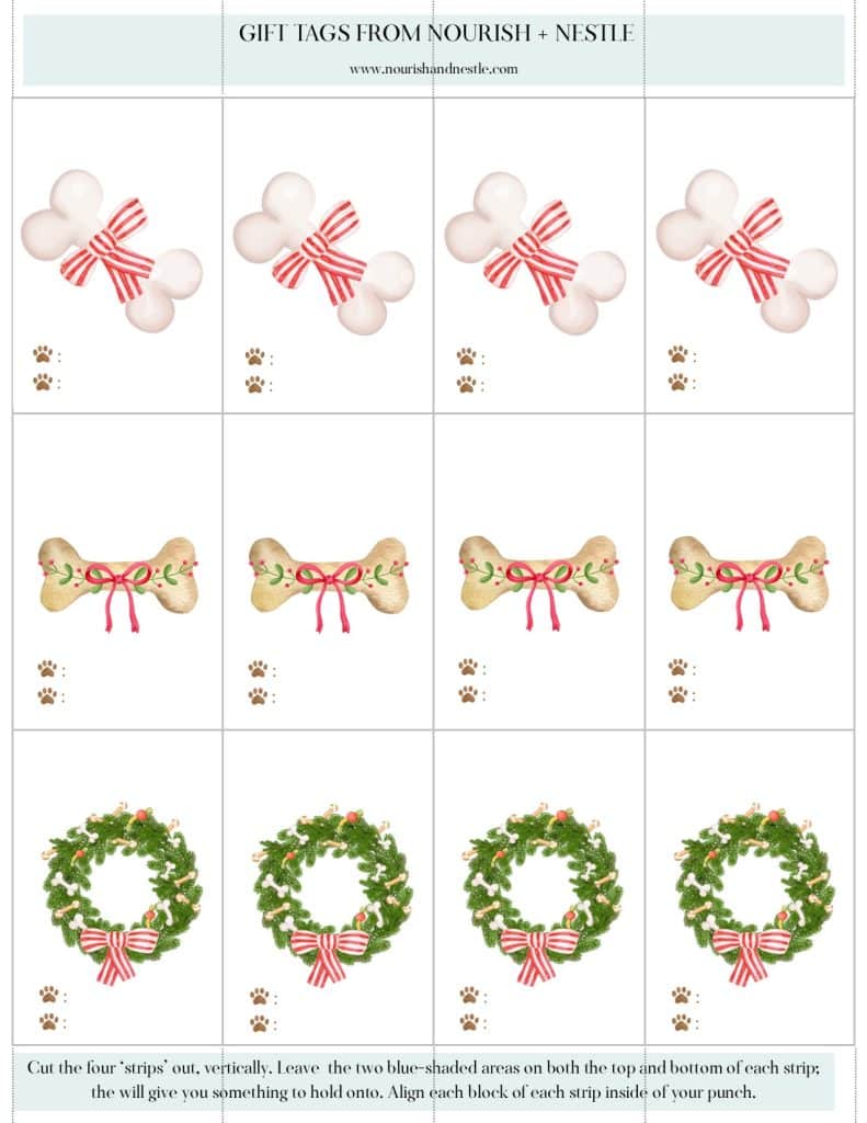 Sheet of paper showing all three dog treat gift tag designs.