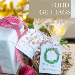 Christmas Food Gift Tags on packages in front of tree.