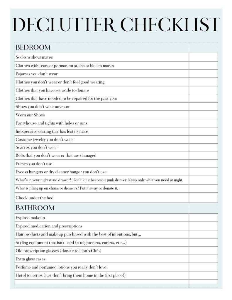 Bedroom and bathroom declutter checklist.