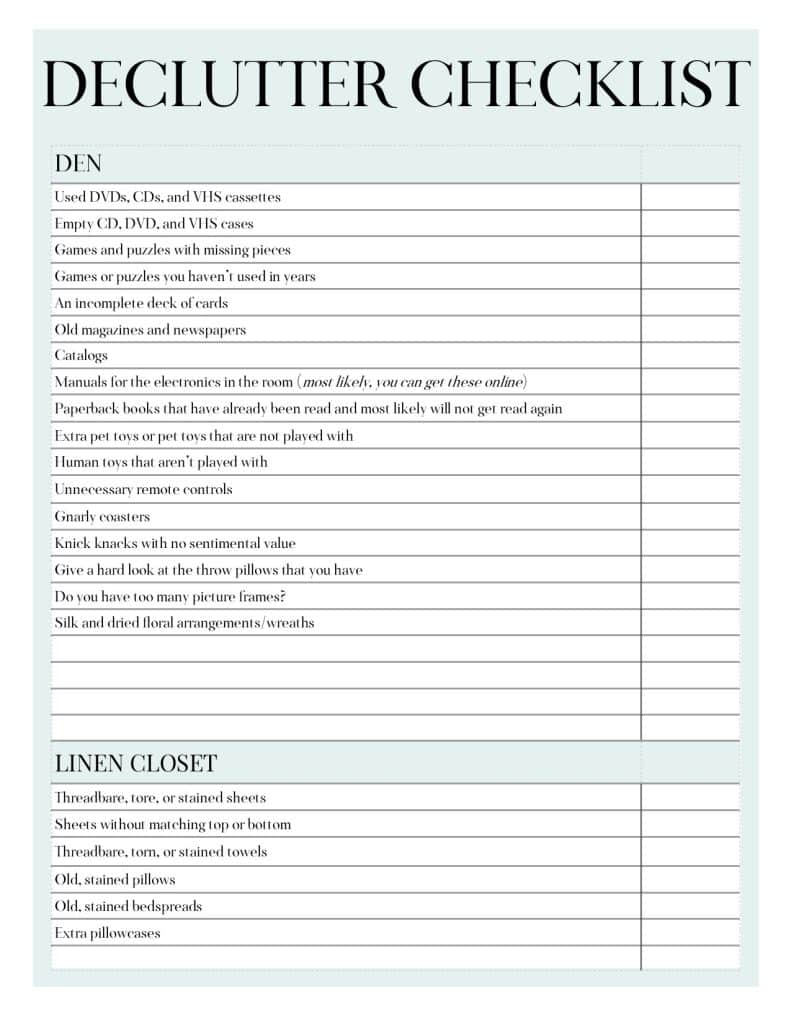 Den and Linen Closet Declutter Checklist.