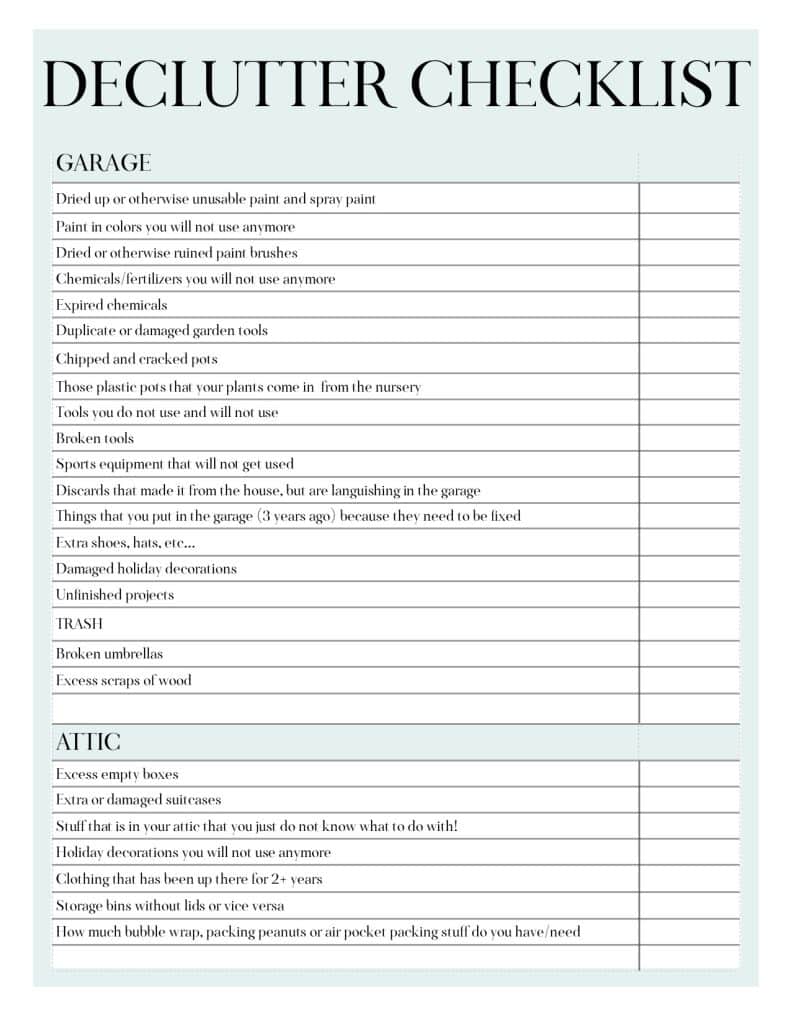 Garage and Attic Declutter Checklist.