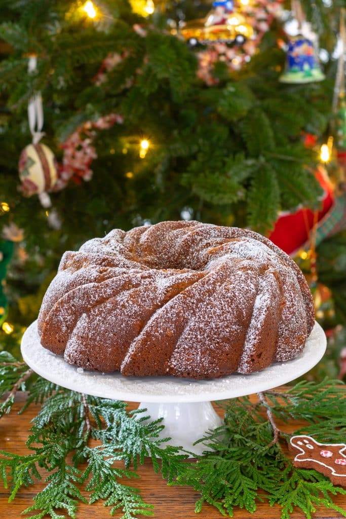 A piece of Gingerbread Bundt cake on a plate.