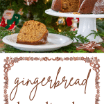 Gingerbread bundt cake on a pedestal in front of a tree with a slice of cake on a plate.