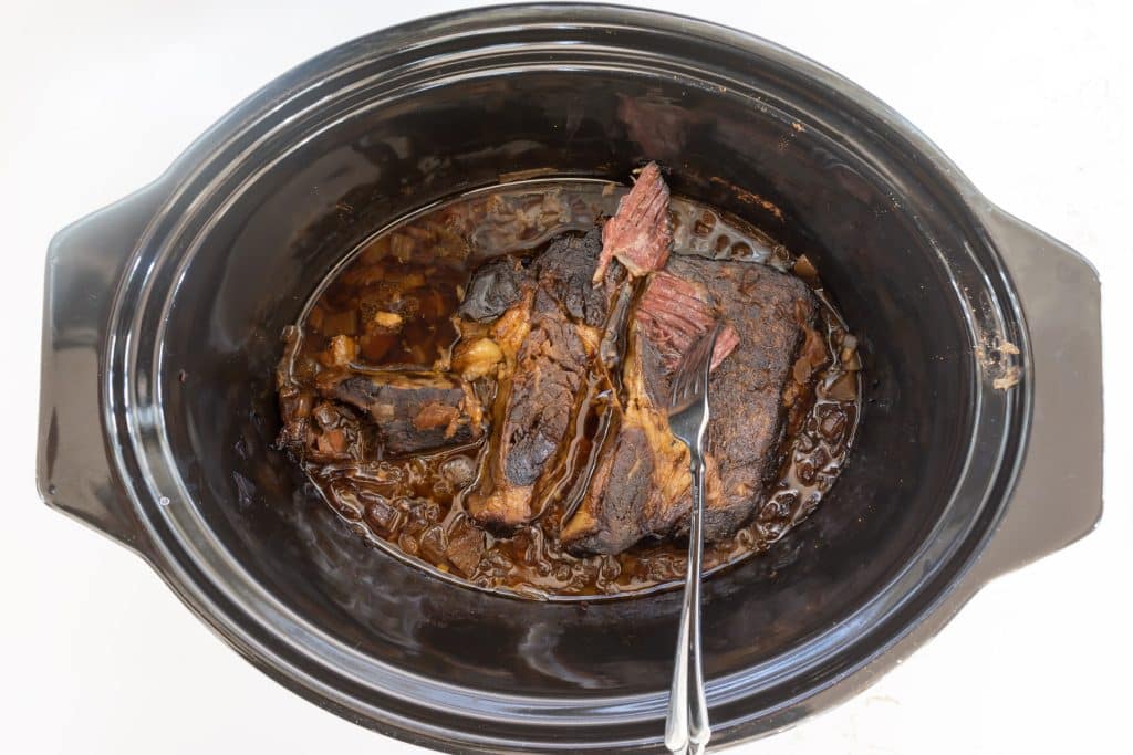 Beef cooked in a crockpot.