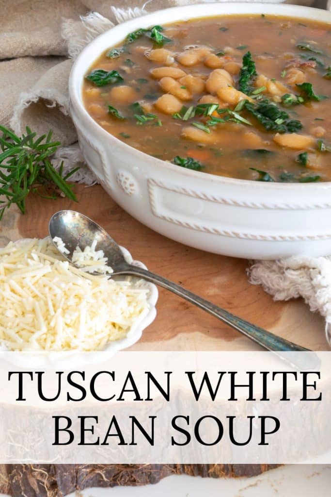 A bowl of Tuscan White Bean Soup with a spoon.