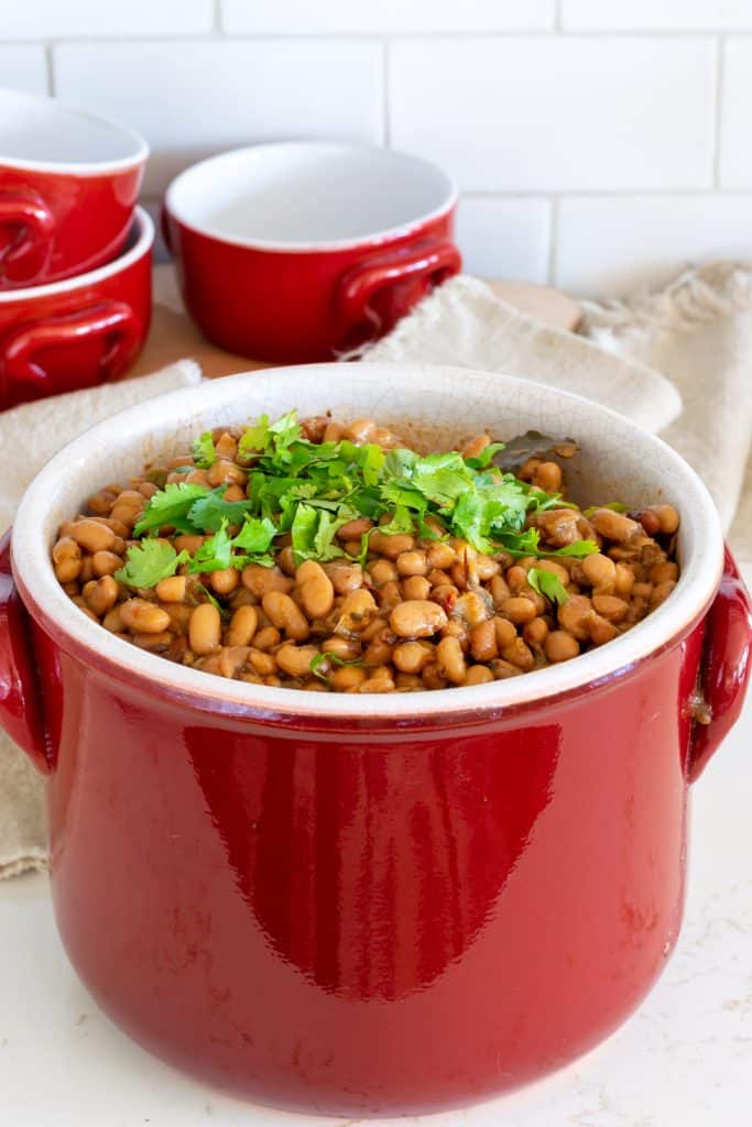 Pinto beans in a red crock.