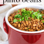 Red crockery filled with slow cooker pinto beans.