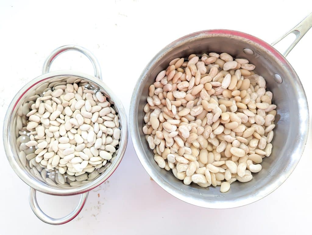 Dried and soaked white beans.
