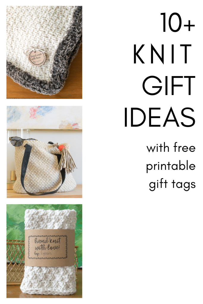 Three knit gift ideas including a blanket, a purse and a washcloth.