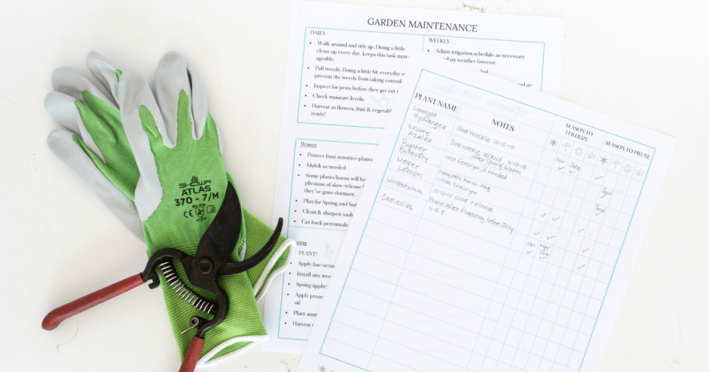 Gloves, clippers and Garden Maintenance printables.