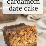 A slice of cardamom date cake on a white plate.