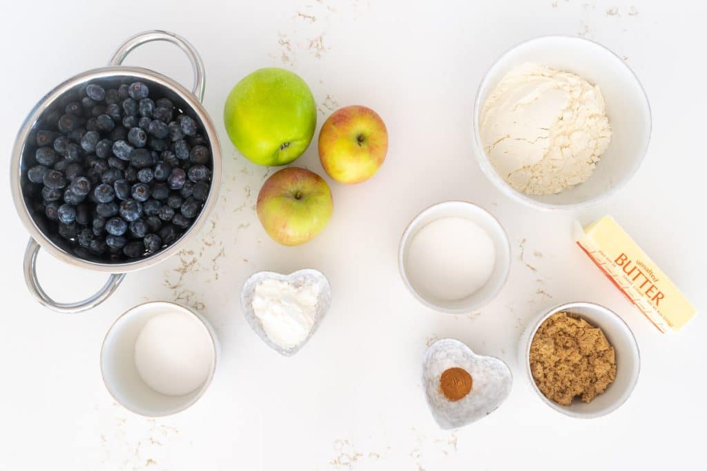 Ingredients in blueberry and apple crumble