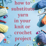 Balls of yarn, crochet hooks, stitch markers and scissors around the edge of the image.