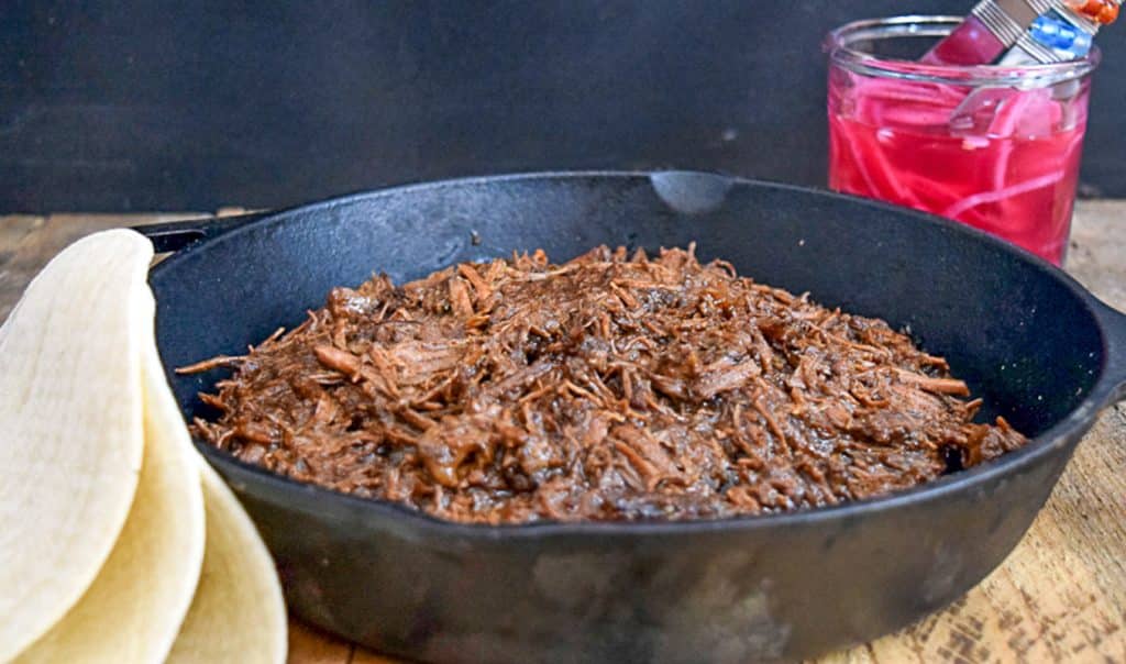 Cast Iron skillet with Beef Barbacoa.
