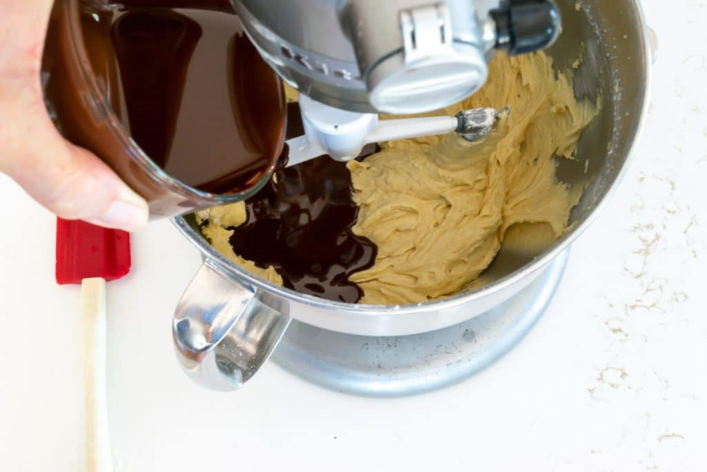 Add melted chocolate to batter.
